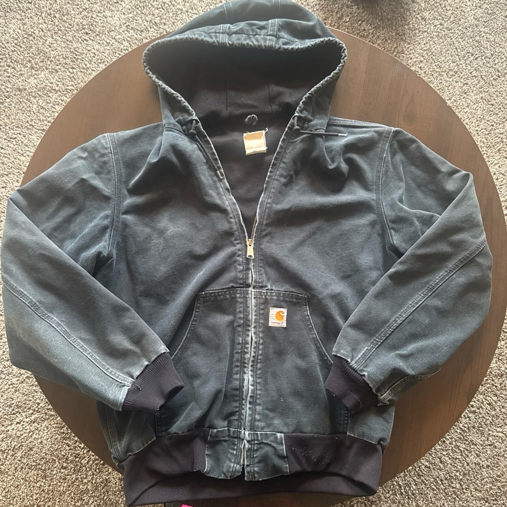 Y2K Vintage Distressed Carhartt J131BLK Black Hooded Jacket Size Medium Faded